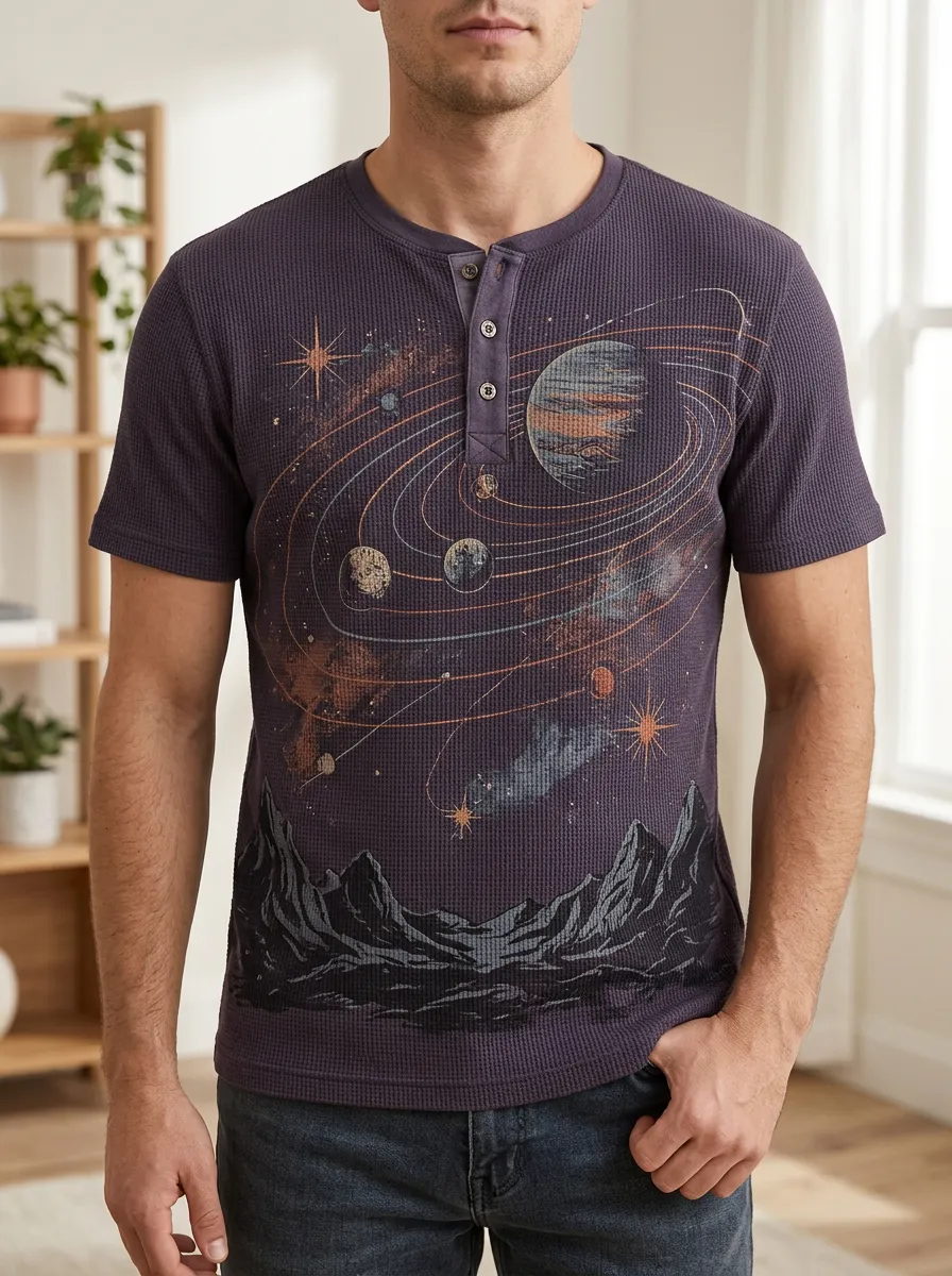 Men's Space Astronomy Mountain Printed Waffle Henley T-Shirt