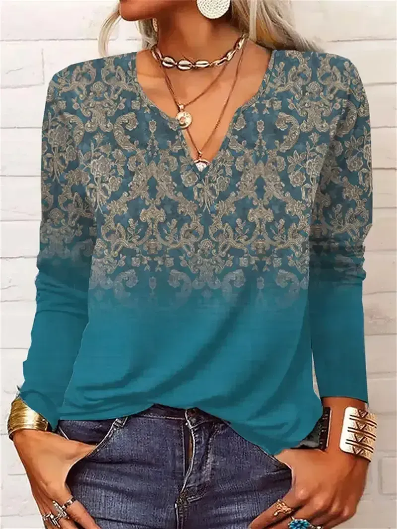 Women V-neck Graphic Floral Printed Long Sleeve Tops