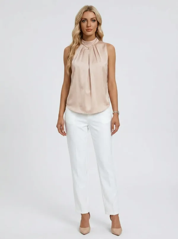 Satin Pleated Mock Neck Sleeveless Top