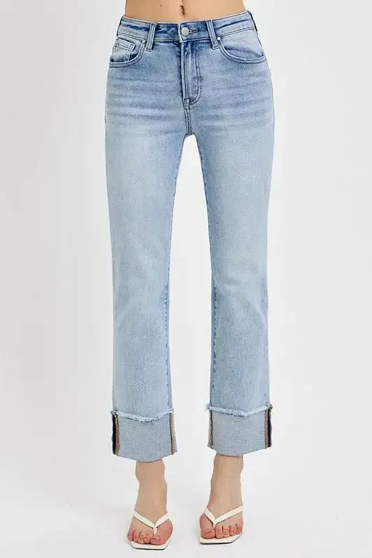 High Waist Straight Leg Cuffed Denim Jeans