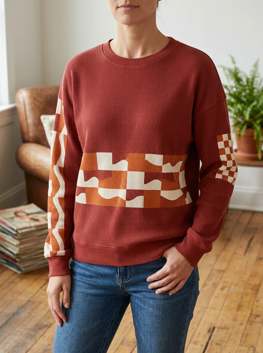 Women's Geometric Checkered Pattern Waffle Knit Crewneck Sweatshirt