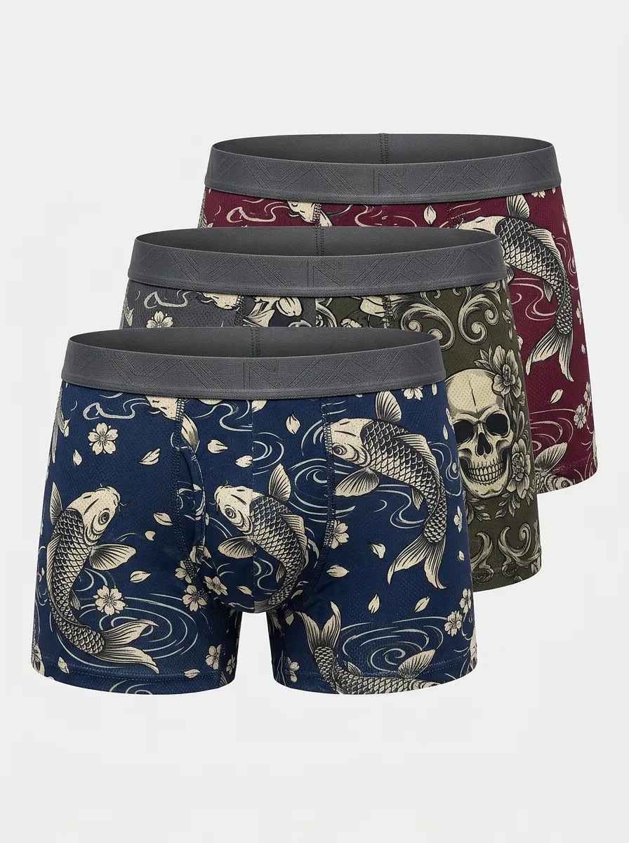 Men's Japanese Koi Fish Skull Floral 4-Pack Boxer Briefs