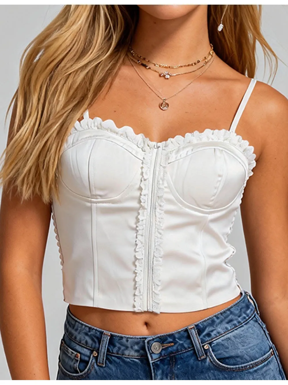 Ruffle Trim Corset Smocked Back Crop Cami Top