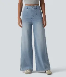 2026🔥  High Waisted Tummy Control Wide Leg Casual Jeans with Pockets