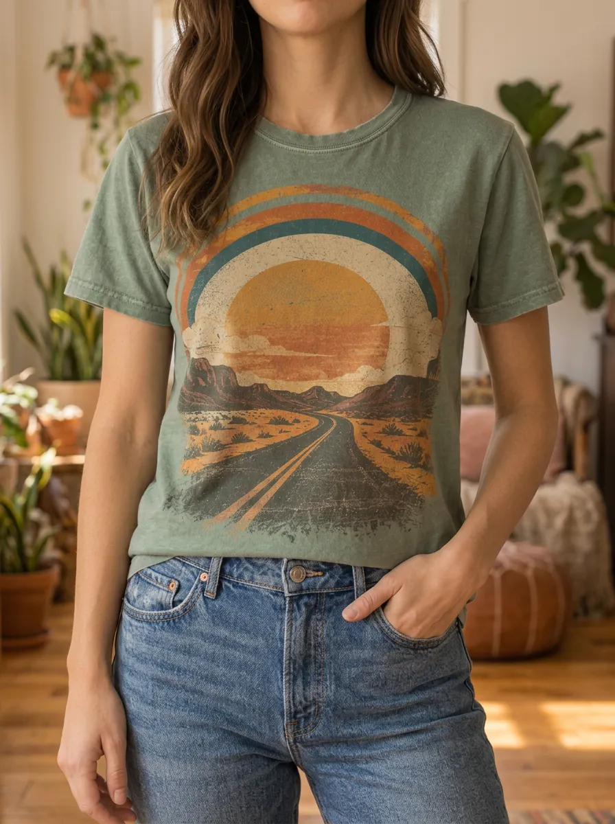 Women's Forest Retro Desert Road Sunset Crew Neck T-Shirt