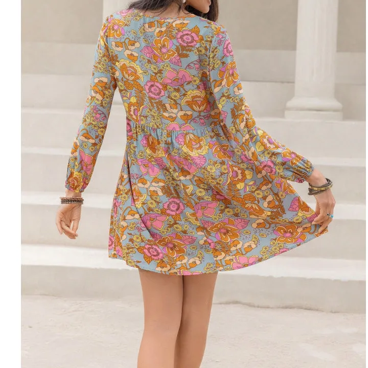V-Neck Balloon Sleeve Mini Dress