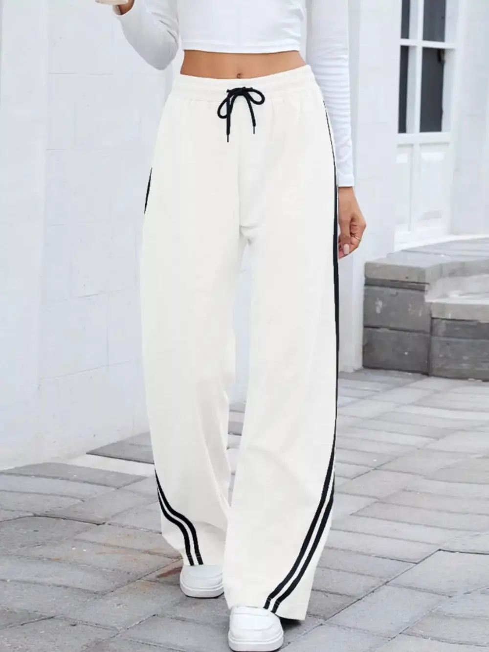 Wide Leg Striped Drawstring Everyday Pants