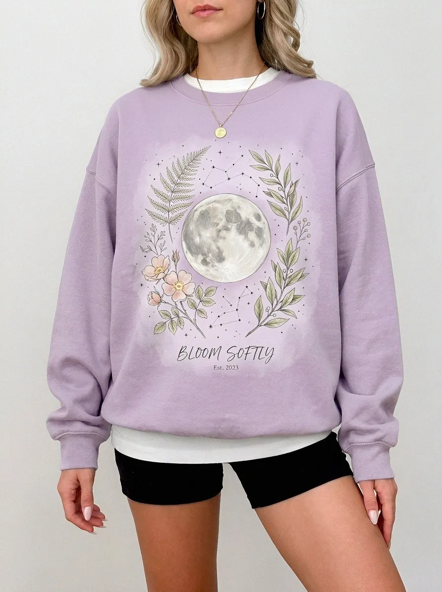 Women's Celestial Moon Floral Bloom Softly Graphic Sweatshirt
