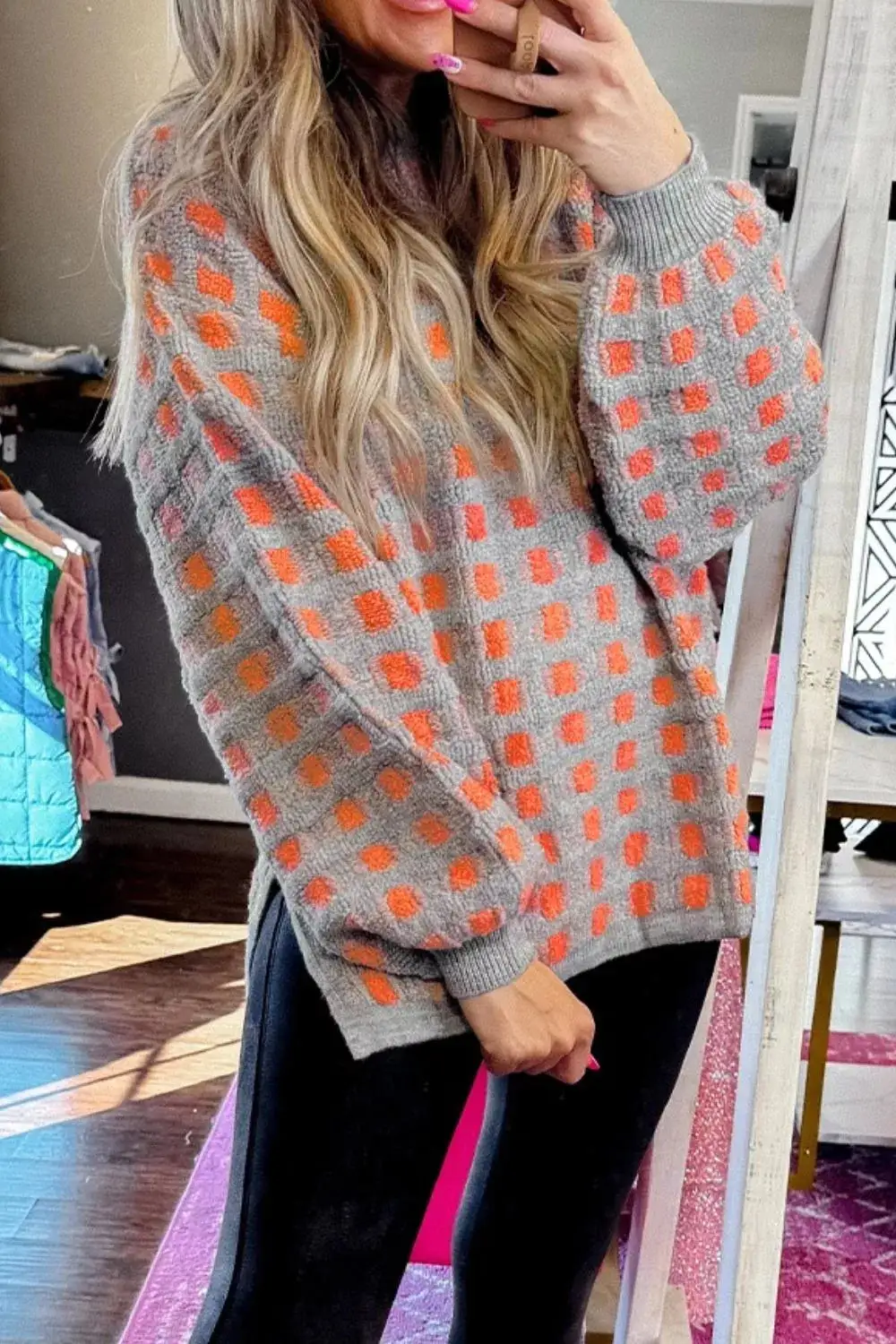 Drop Shoulder Round Neck Plaid Sweater