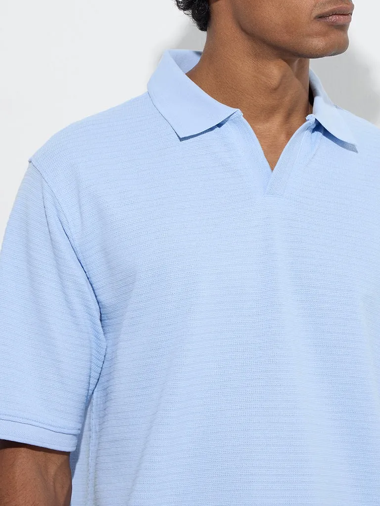 Blue Loose Cotton-Blend Polo T-Shirt