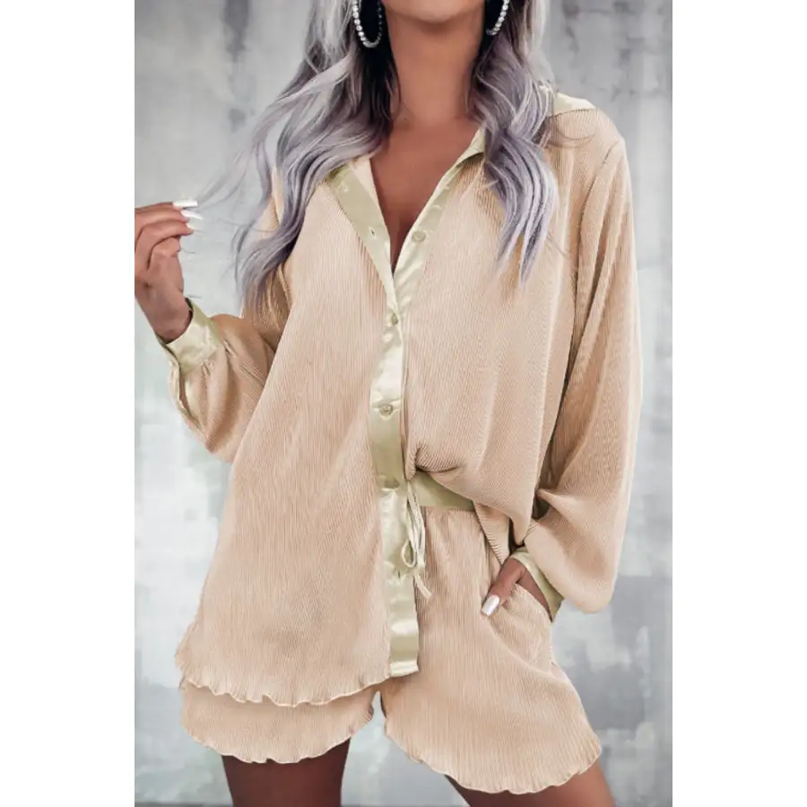Button Up Long Sleeve Top and Shorts Set
