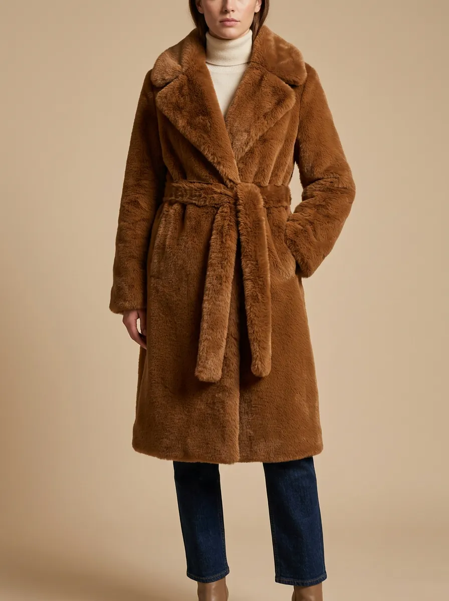 Crafted Solid Faux Fur Belted Coat