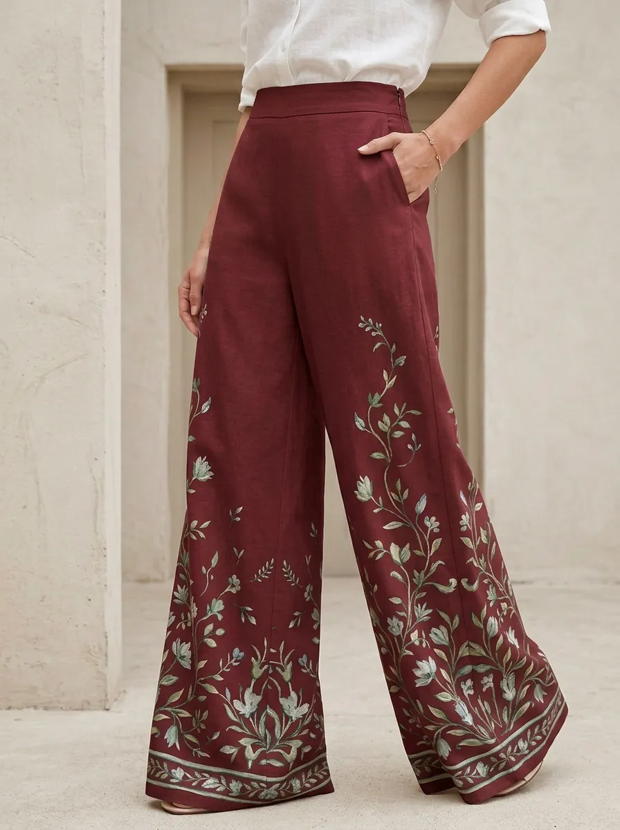 Women's Beige Floral Print Floor-Length High-Waisted Wide-Leg Trousers