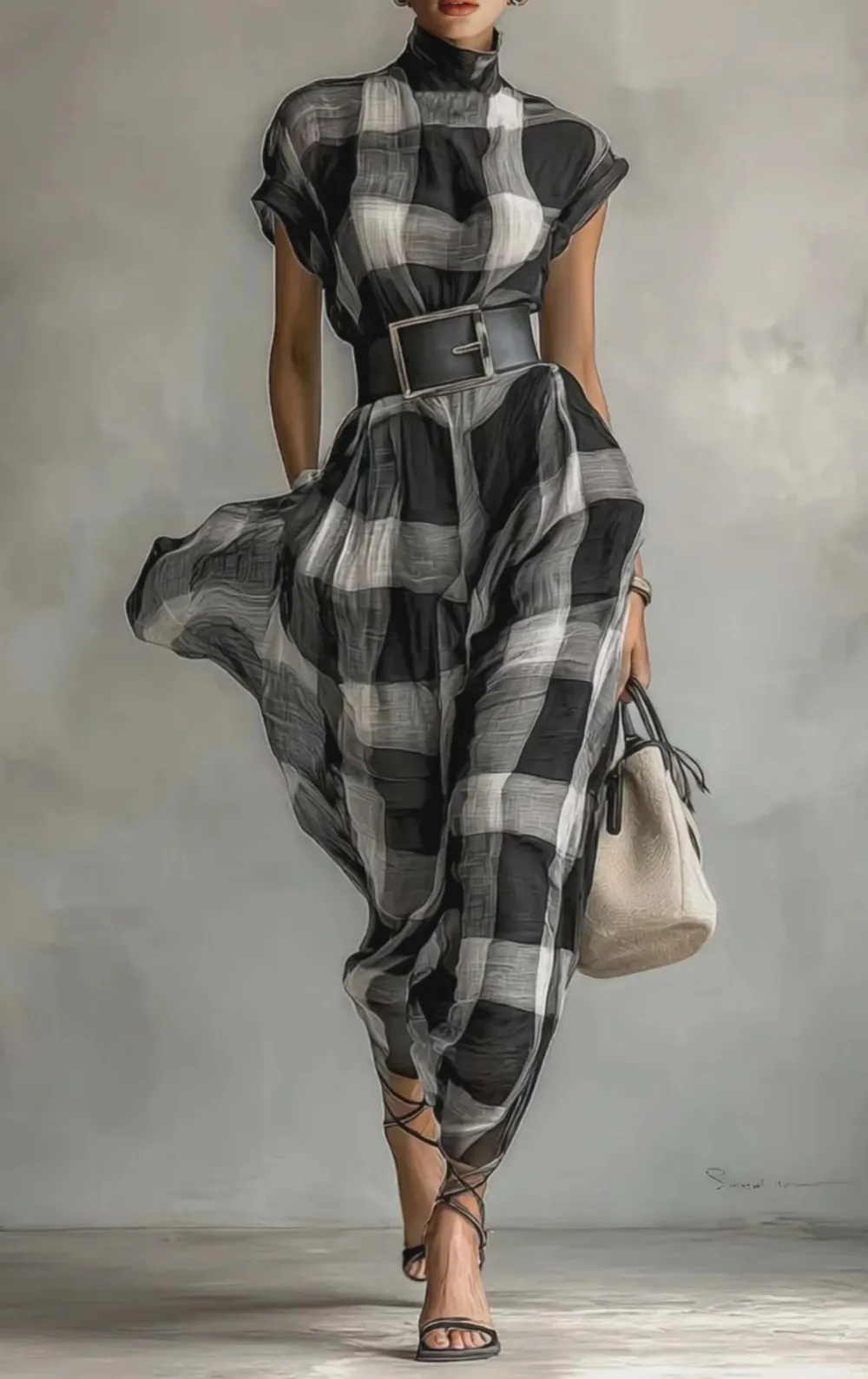 Checked Pattern Stand Collar Maxi Dress