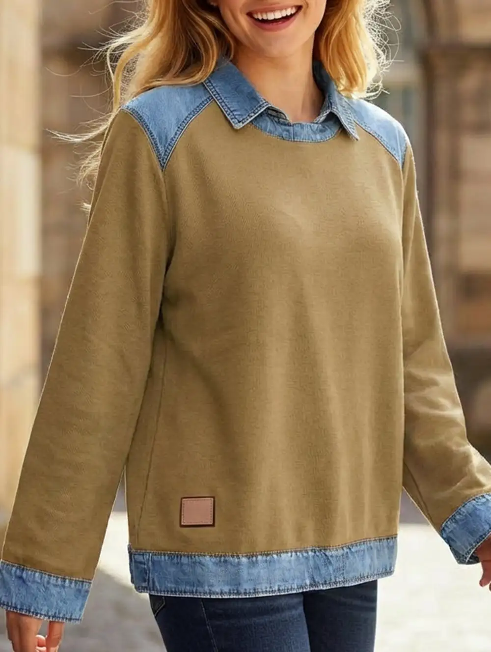 Denim Collar Patchwork Top