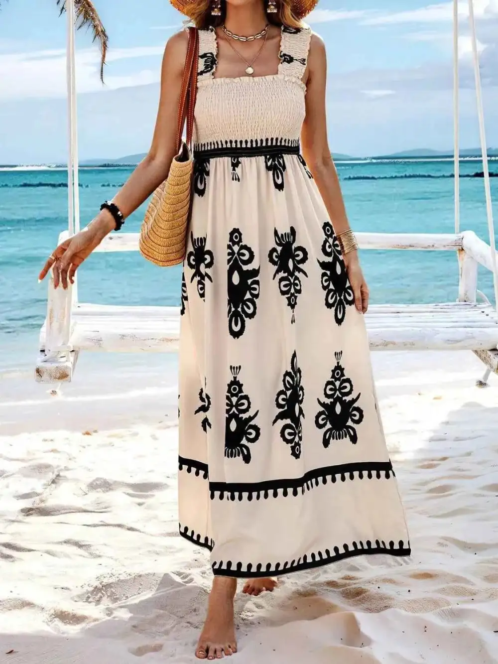 Smocked Printed Wide Strap Maxi Dress