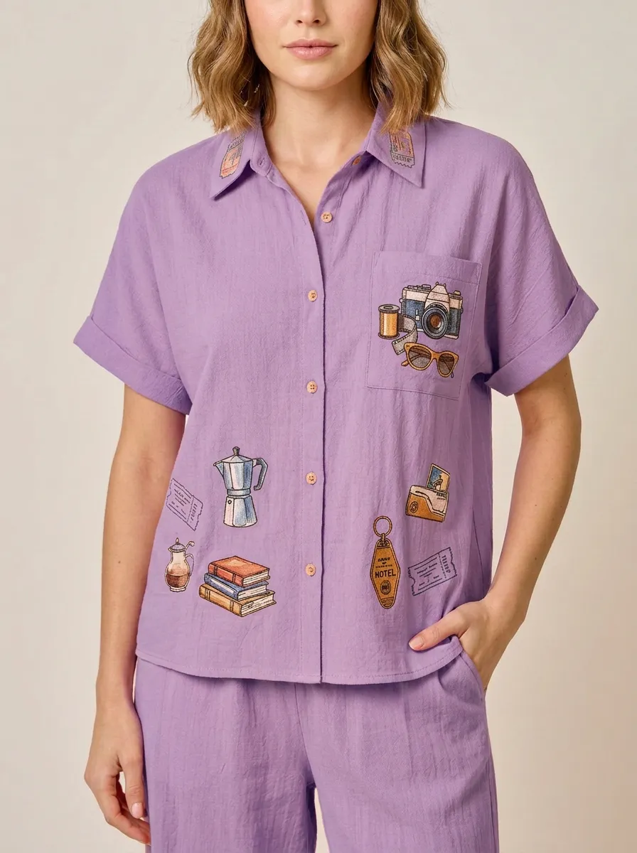 Women's Travel Lover Camera Coffee Book Printed Shirt