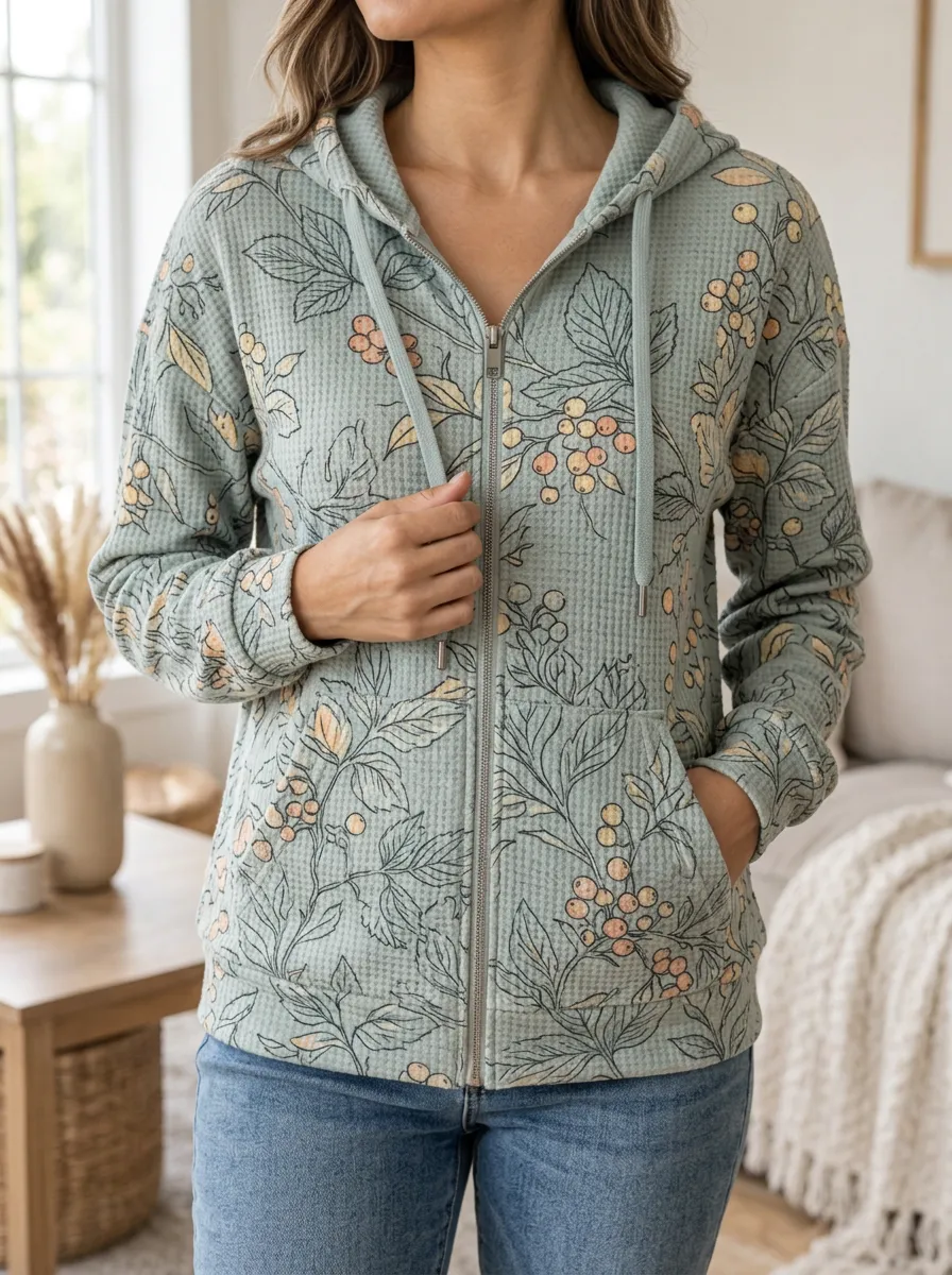 Women's Botanical Berry Waffle Knit Printed Zip-Up Hoodie