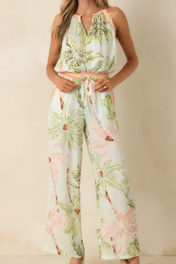 Seafoam Palm Print Drawstring Pants
