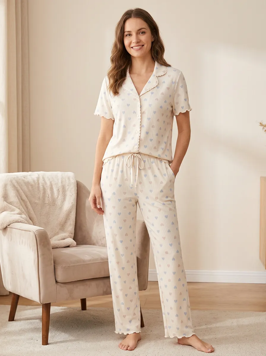 Women's Romantic Heart Pattern Printed Pajama Set