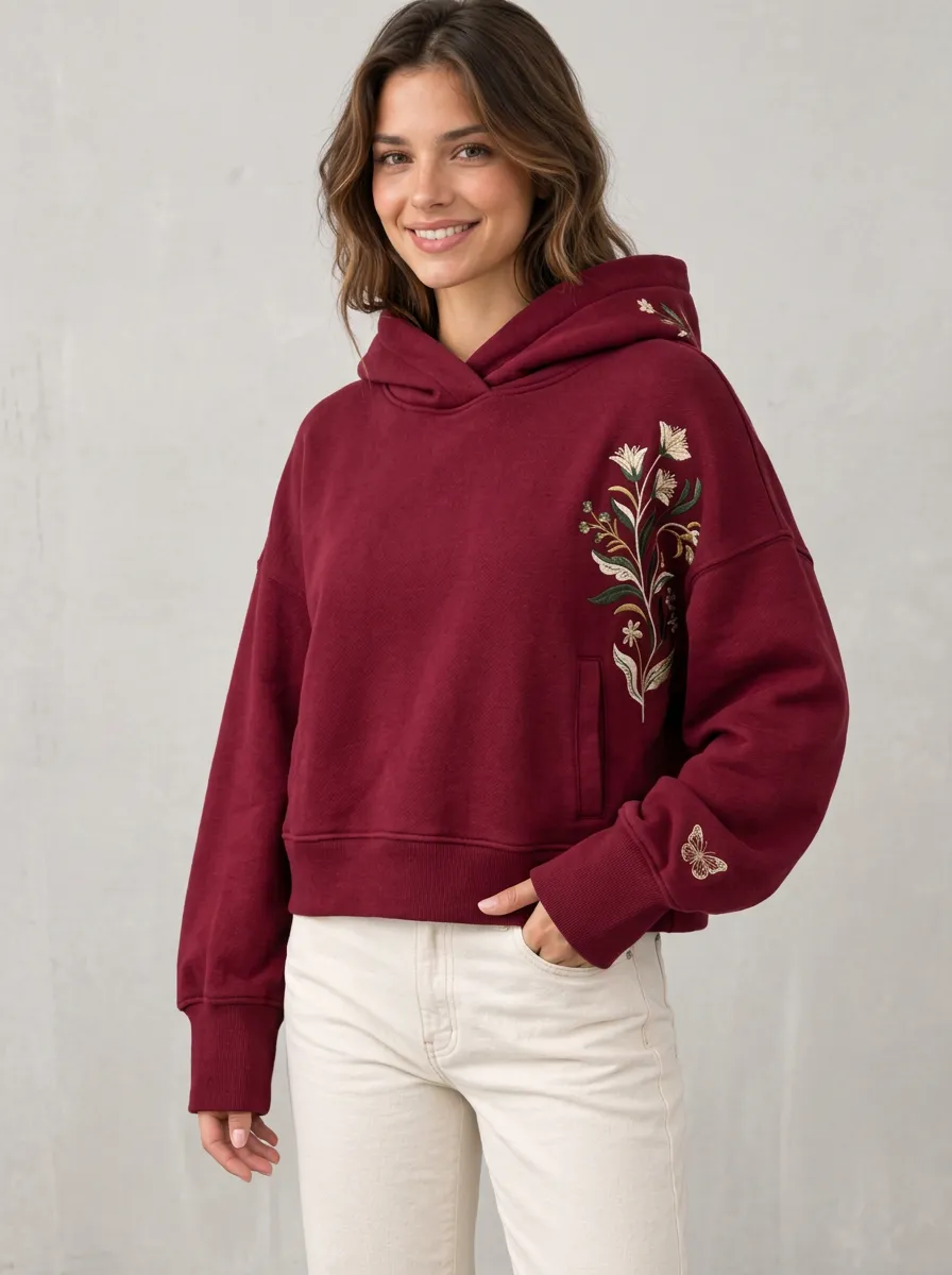 Women's Floral Butterfly Embroidered Graphic Nature Boho Inspired Hoodie