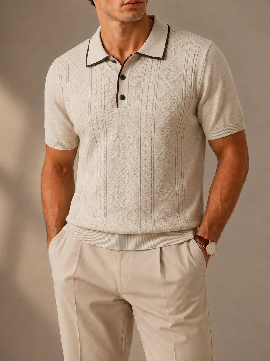Men's Vintage Casual Cable Knit Patterned Polo Shirt