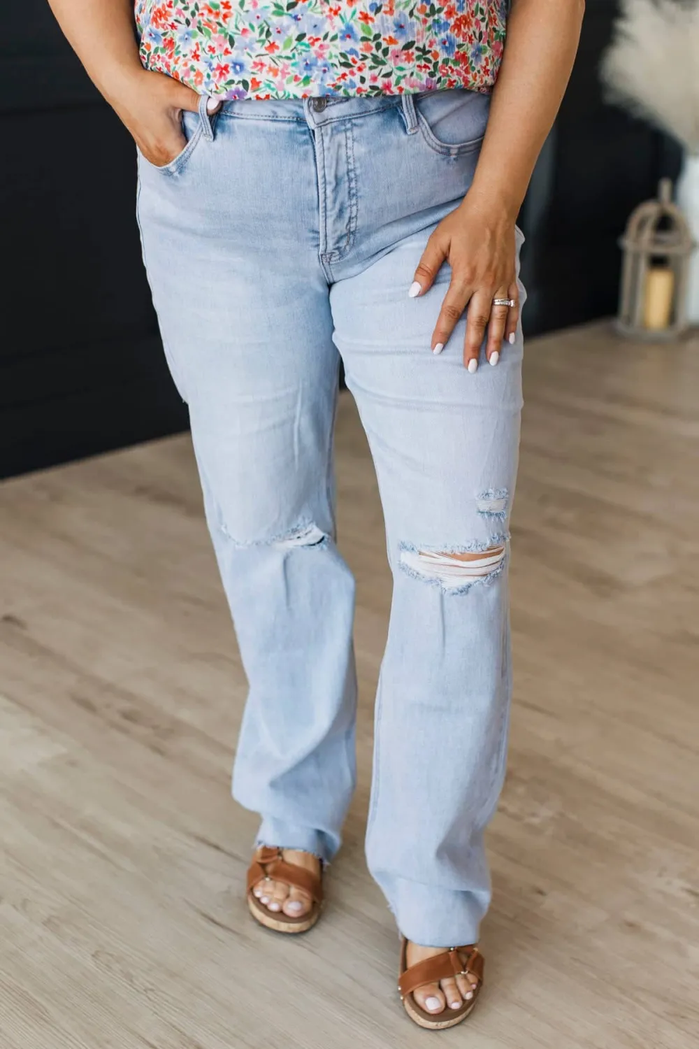 Mid-Rise Tummy Control Straight Leg Distressed Jeans