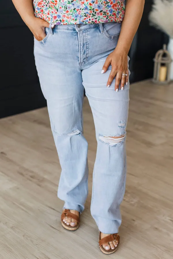 Mid-Rise Tummy Control Straight Leg Distressed Jeans