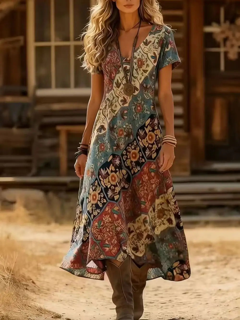 Relaxed Shape Printed V Neck Short Sleeve Midi Dress