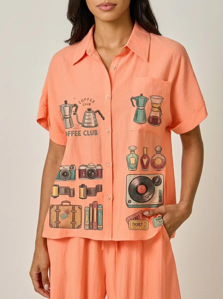 Women's Coffee Camera Record Hobby Printed Button-Down Shirt
