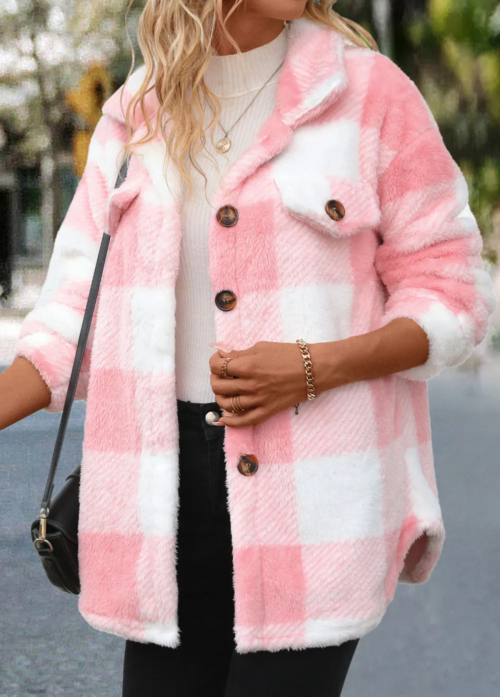 Light Pink Button Plaid Long Sleeve Coat