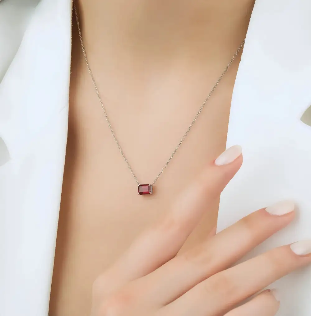 Dainty Emerald Cut Solitaire Ruby Necklace