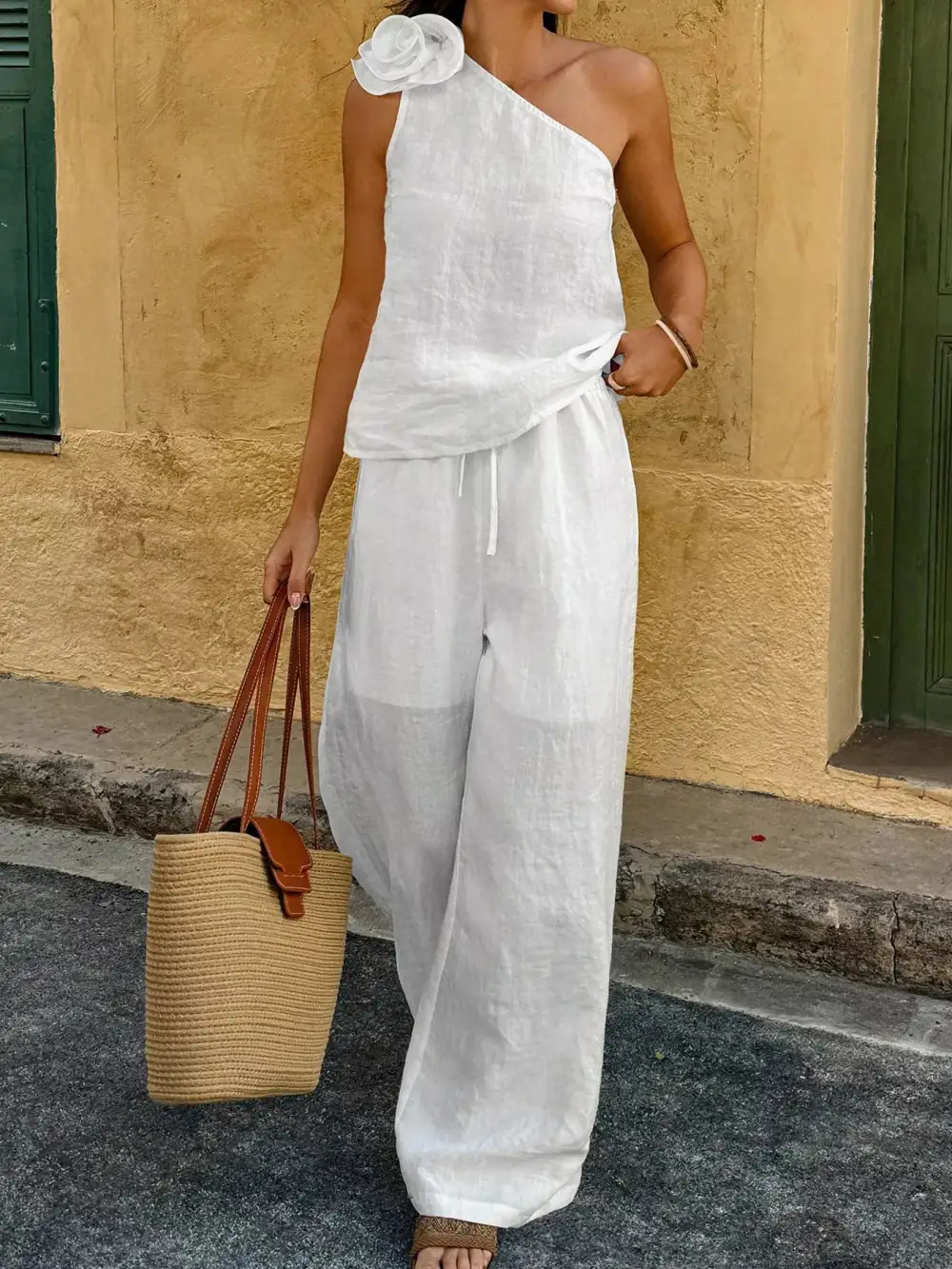 One Shoulder Floral Embellished Top and Pants Set