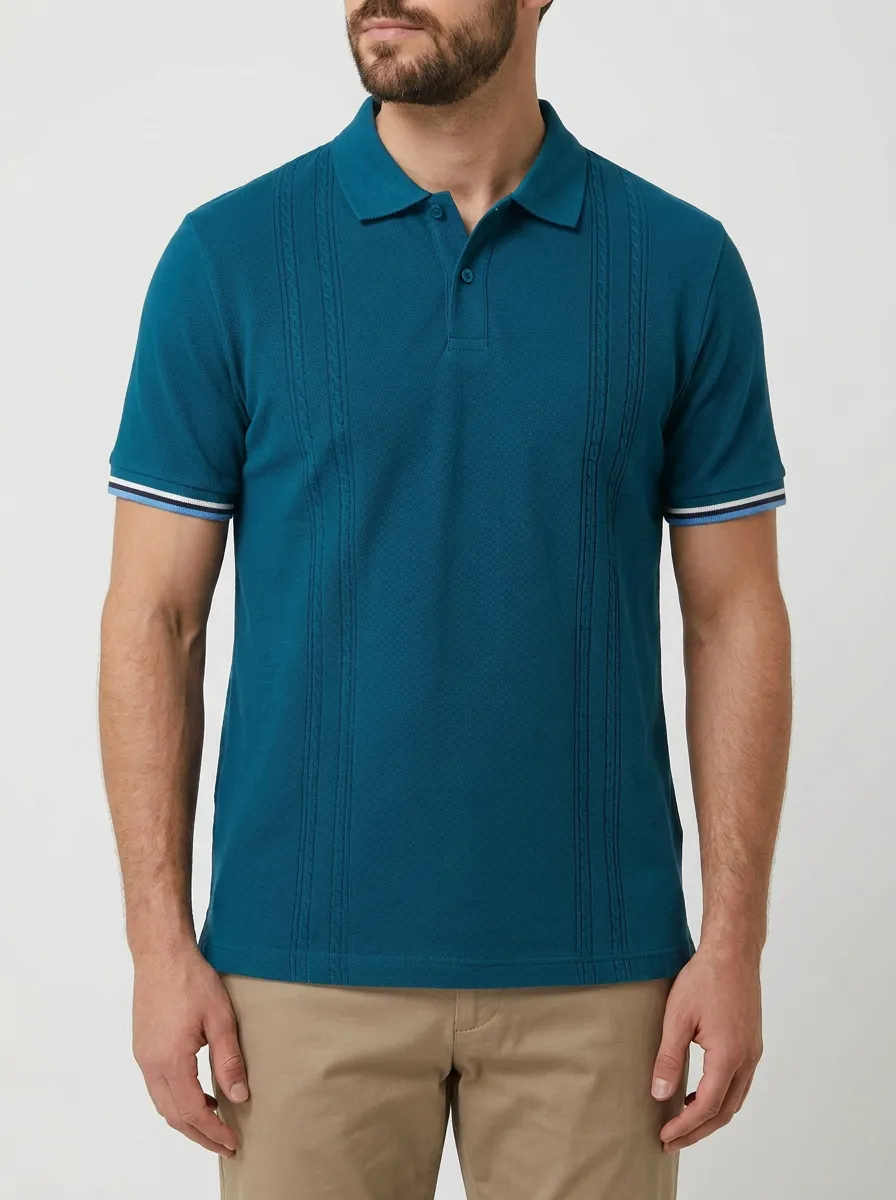 Men's Navy Blue Vertical Cable Knit Striped Cuff Polo Shirt