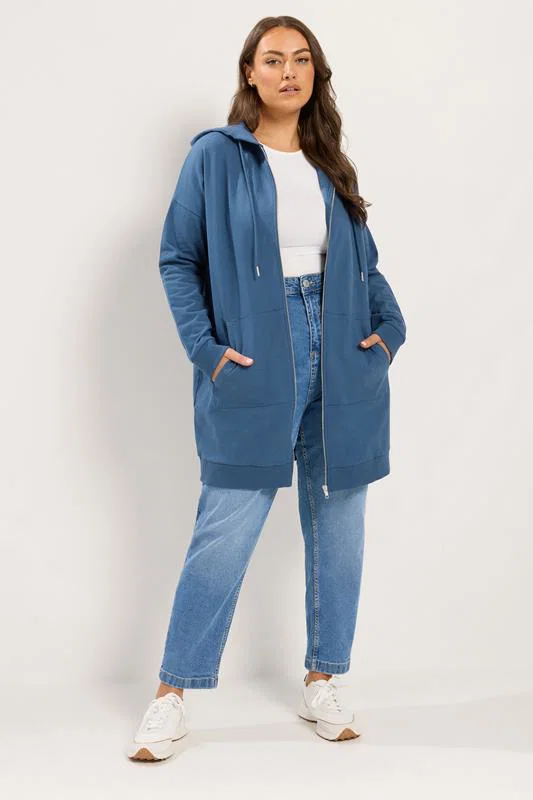 Dark Blue Longline Zip Through Hoodie detail 1