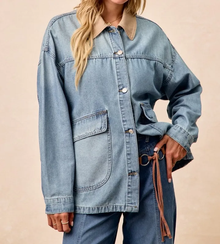 Washed Denim Jacket with Contrast Collar Detail