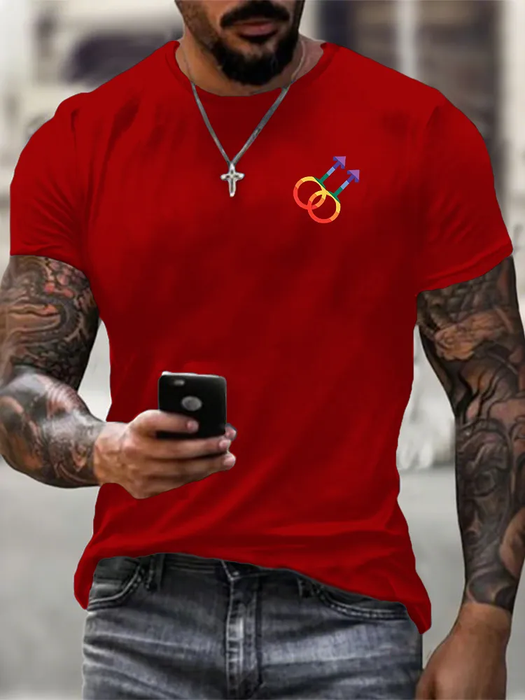 Men's Round-Neck Short-Sleeved T-Shirt With Rainbow-Colored Male Symbol Print