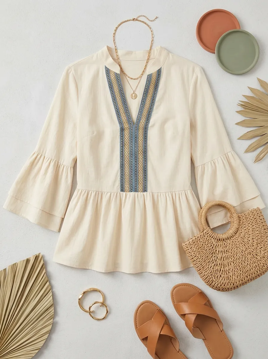 Boho Embroidered V-Neck Printed Peplum Top