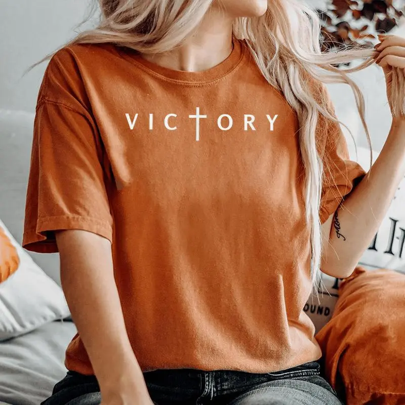 Victory Cross Subtle Christian Minimalist Religious Faith Women's Oversized Comfort T-Shirt