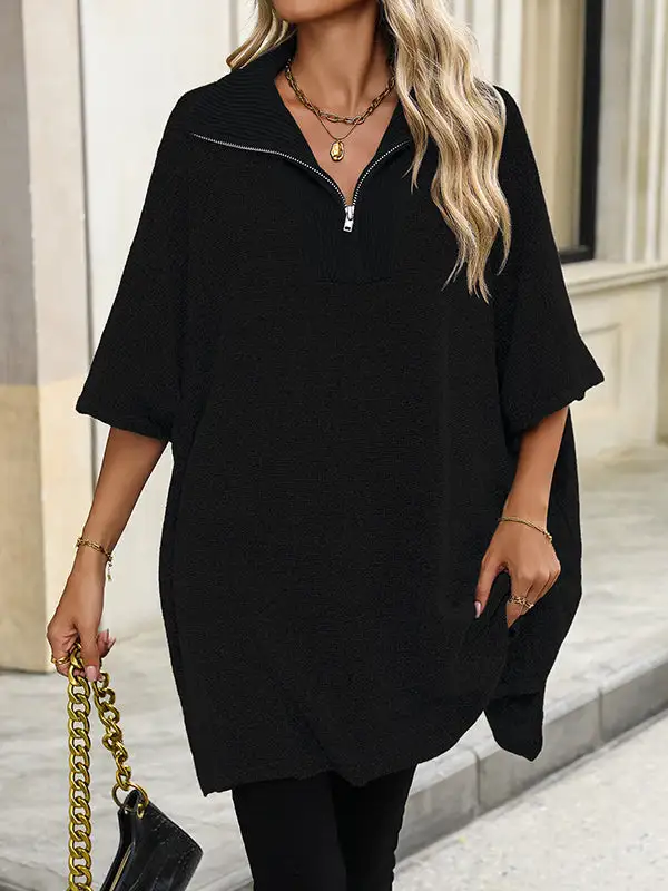 Paneled Zip Detail V-Neck Elbow Sleeve Relaxed Fit Sweater