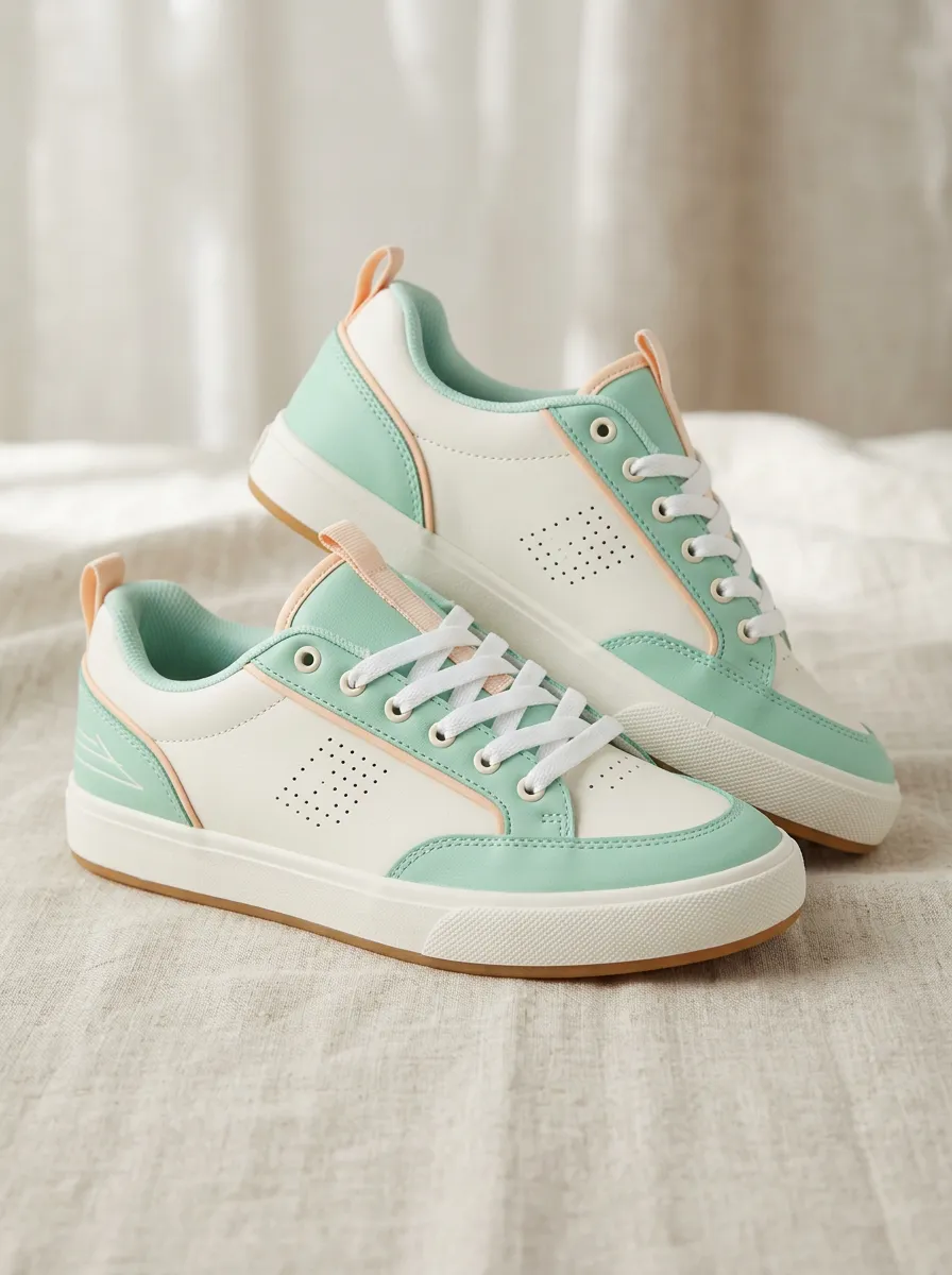 Women's Pastel Mint Green White Colorblock Casual Printed Sneakers
