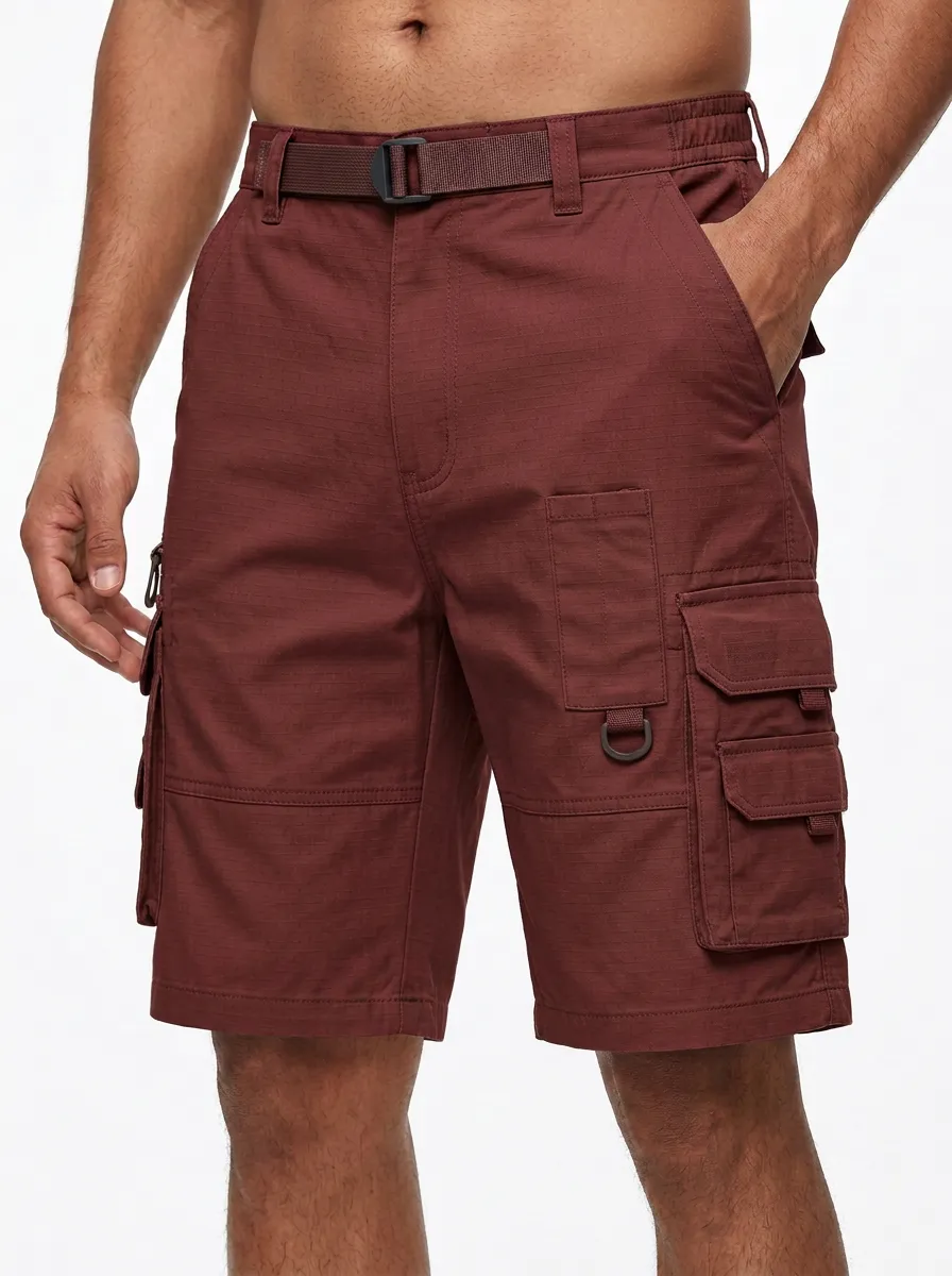 Men's Integrated Web Belt Elastic Waist Cargo Shorts