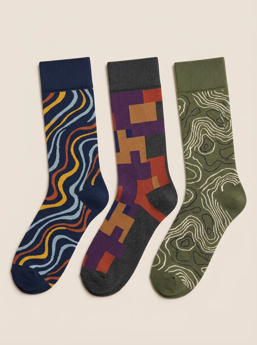 Men's Topographic Lines Graphic Motifs Ribbed Crew Sock Set