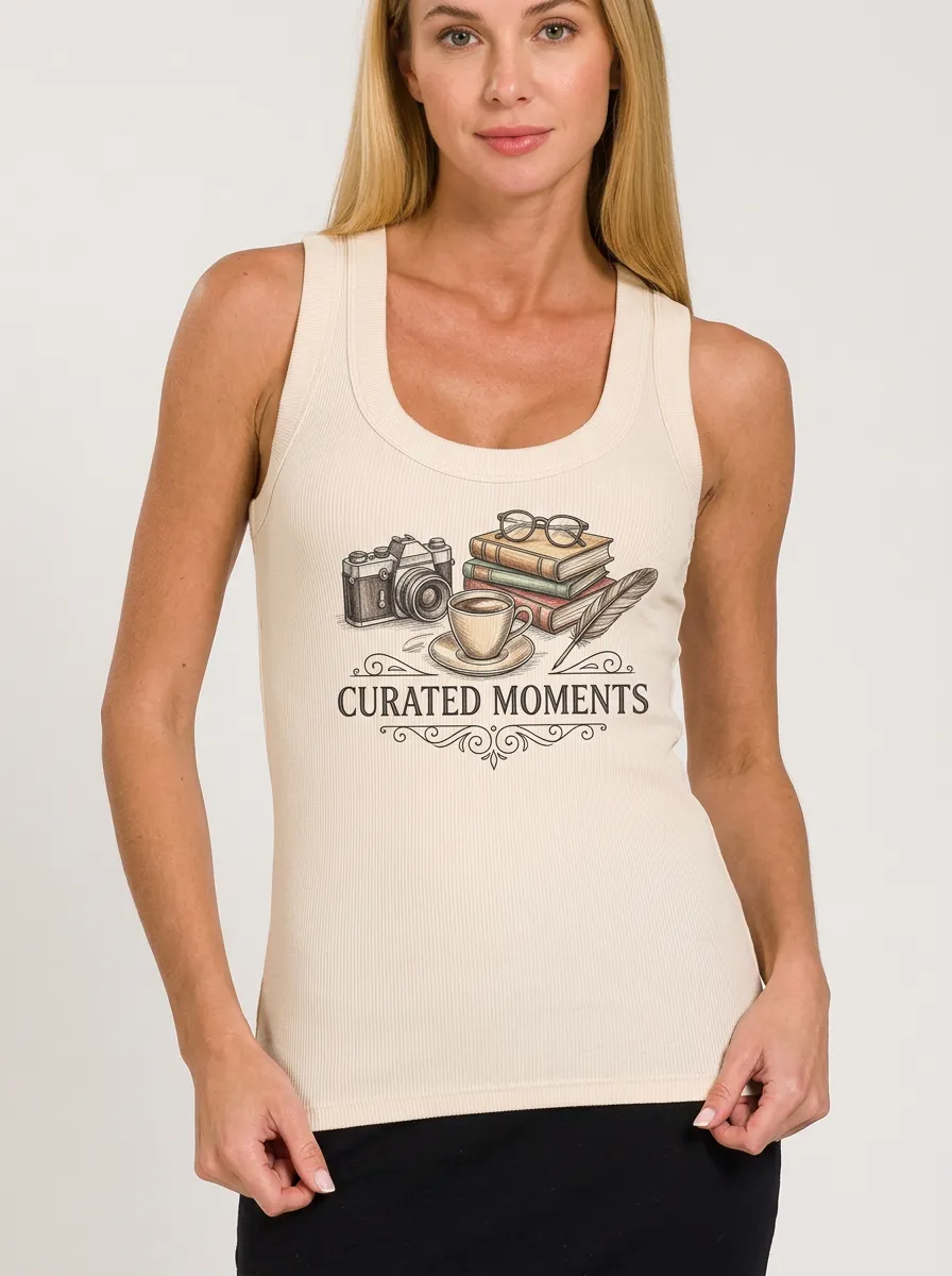 Women's Book Lover Camera Coffee Printed Ribbed Tank Top
