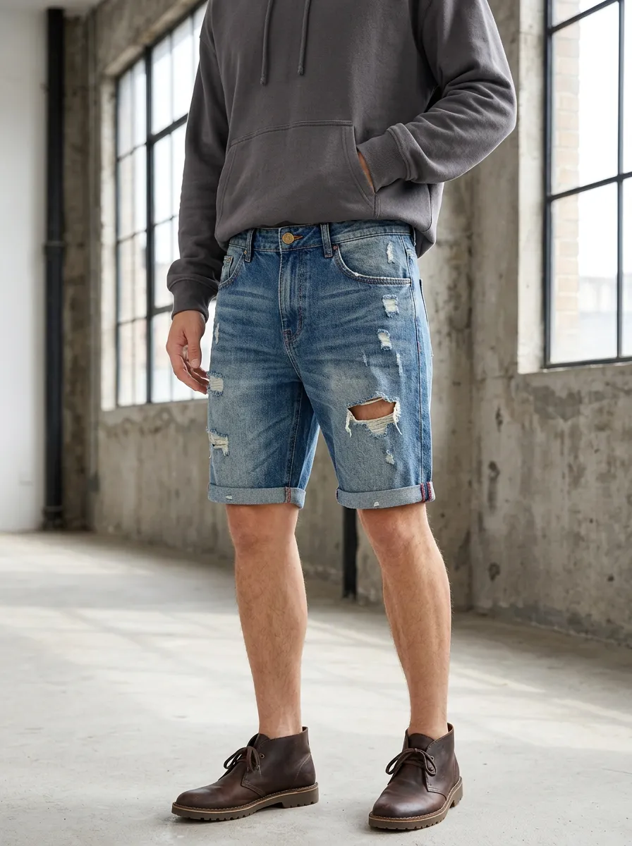 Men's Denim Five Pocket Ripped Denim Shorts