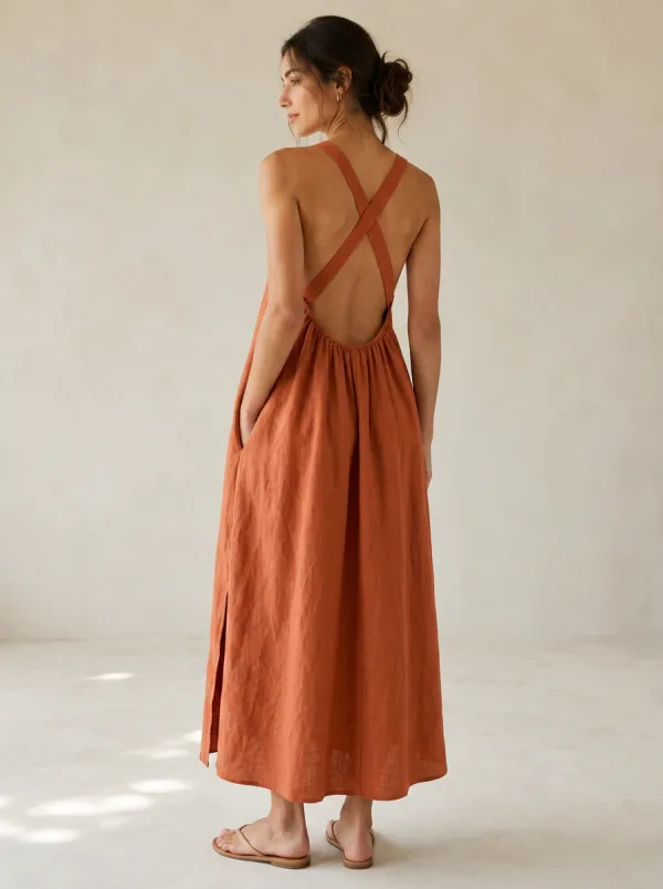 Women's Natural-Shape Casual Cross-Back Linen Backless Dress