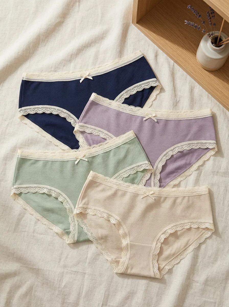Women's Printed Ribbed Lace-Trim Briefs Set