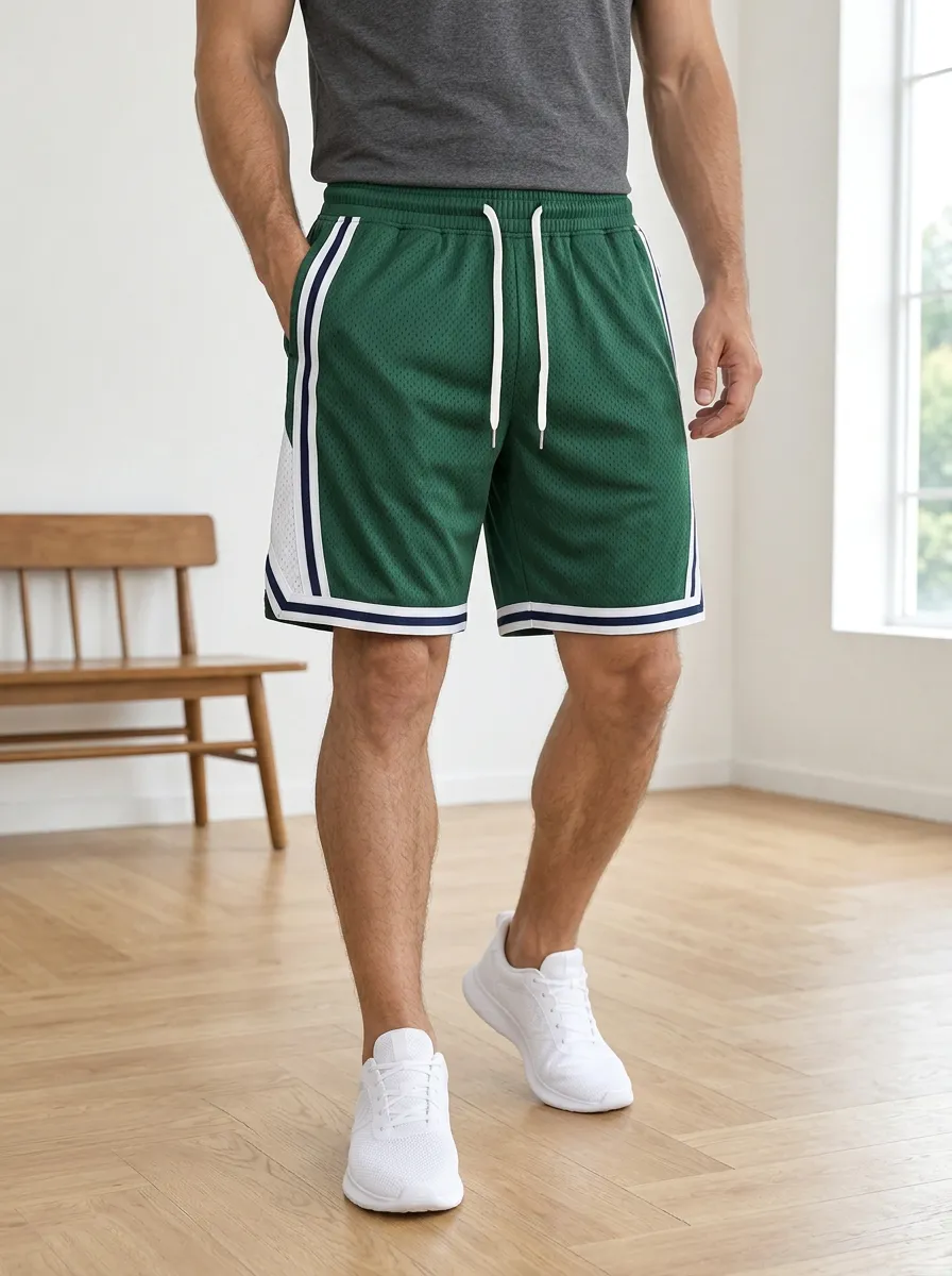Men's Athletic Sports Green Striped Mesh Printed Shorts
