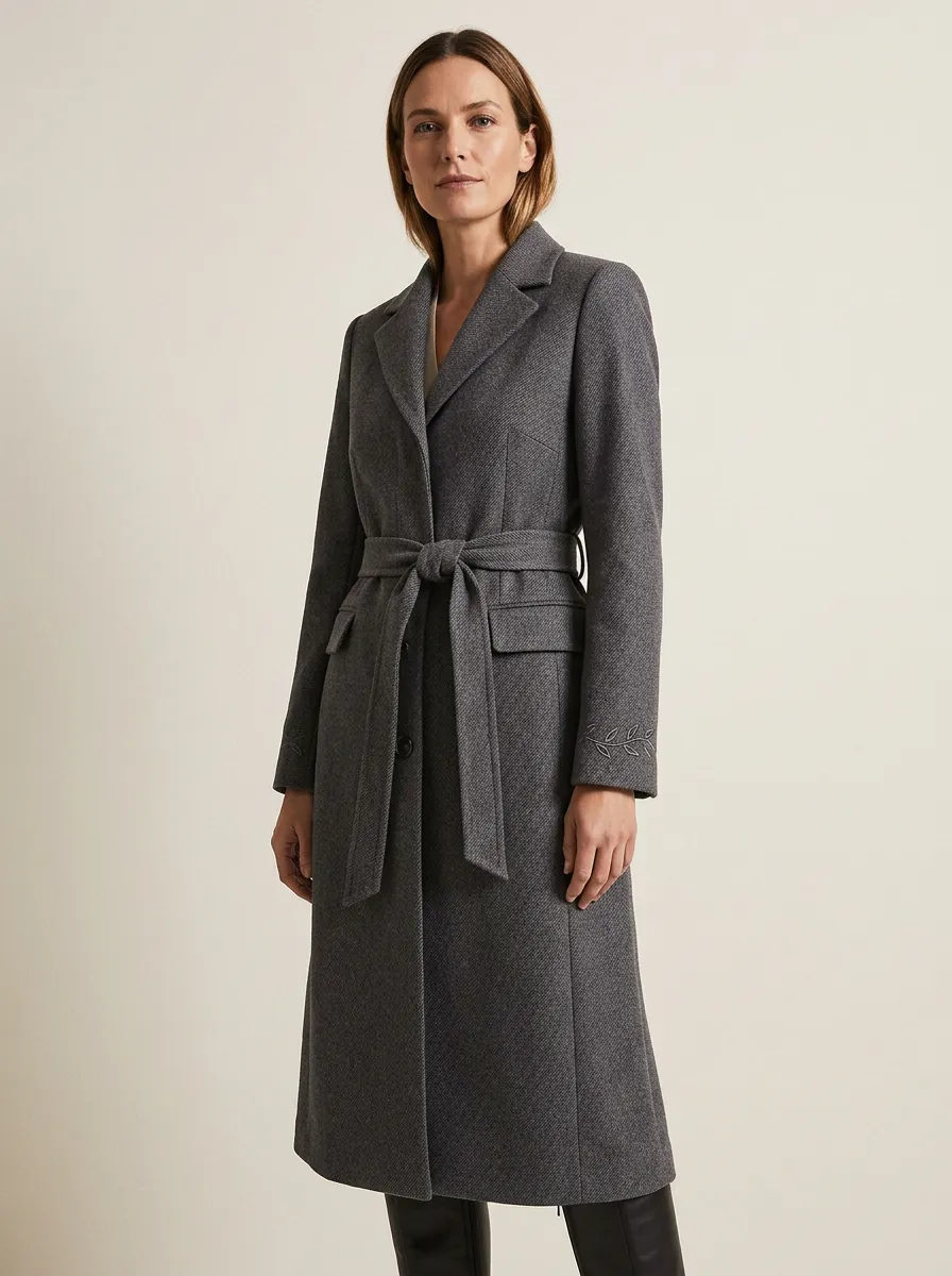 Women's Minimalist Leaf Embroidered Gray Belted Wool-Blend Coat