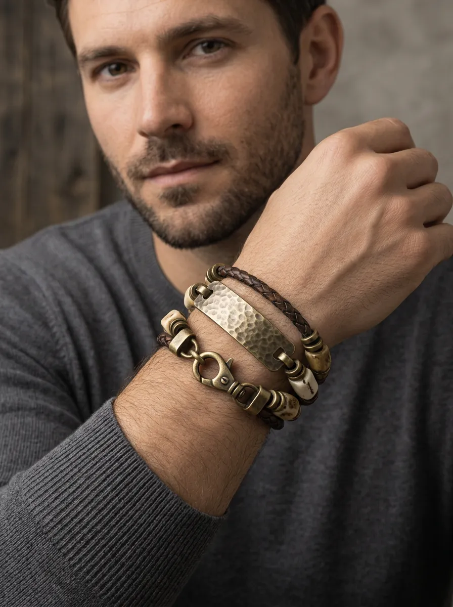 Men's Vintage Hammered Brass Braided Leather Bracelet